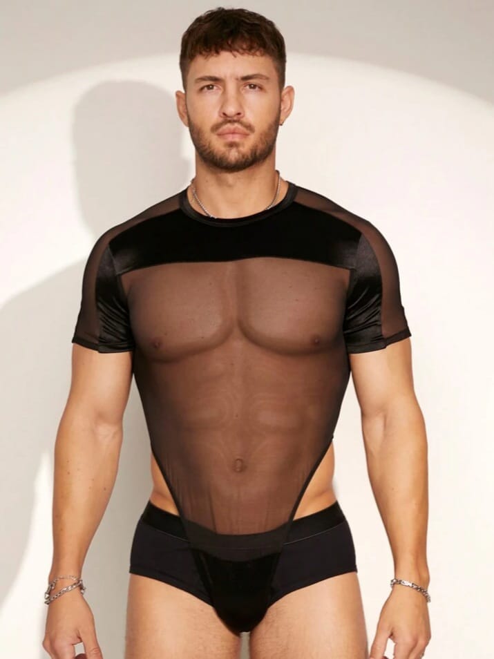 BONGA BOYS Men's Mesh Contrast Color-Blocked Skinny Bodysuit
